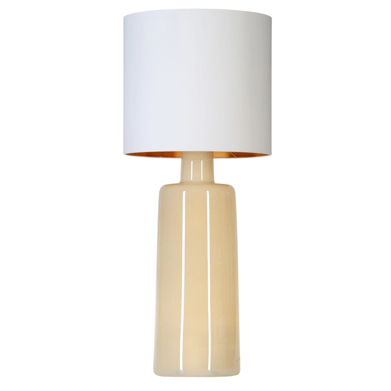 Duża kremowa lampa stołowa MADERA CREAM z białego szkła z kremową połyskującą powłoką z biało-złotym abażurem w kształcie walca.