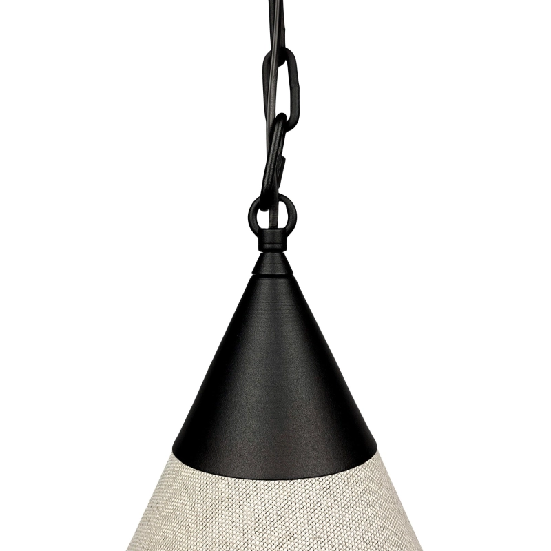 Stożkowa lampa wisząca z lnianym abażurem na czarnym łańcuchu w stylu modern farmhouse TIARA BLACK len - detal.