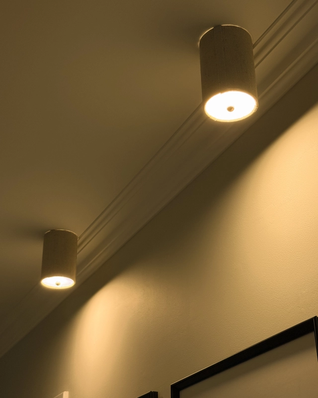 Lniany spot sufitowy z niklowaną kulką montowany na magnes do sufitu PLISE SILVER len - zapalone światło