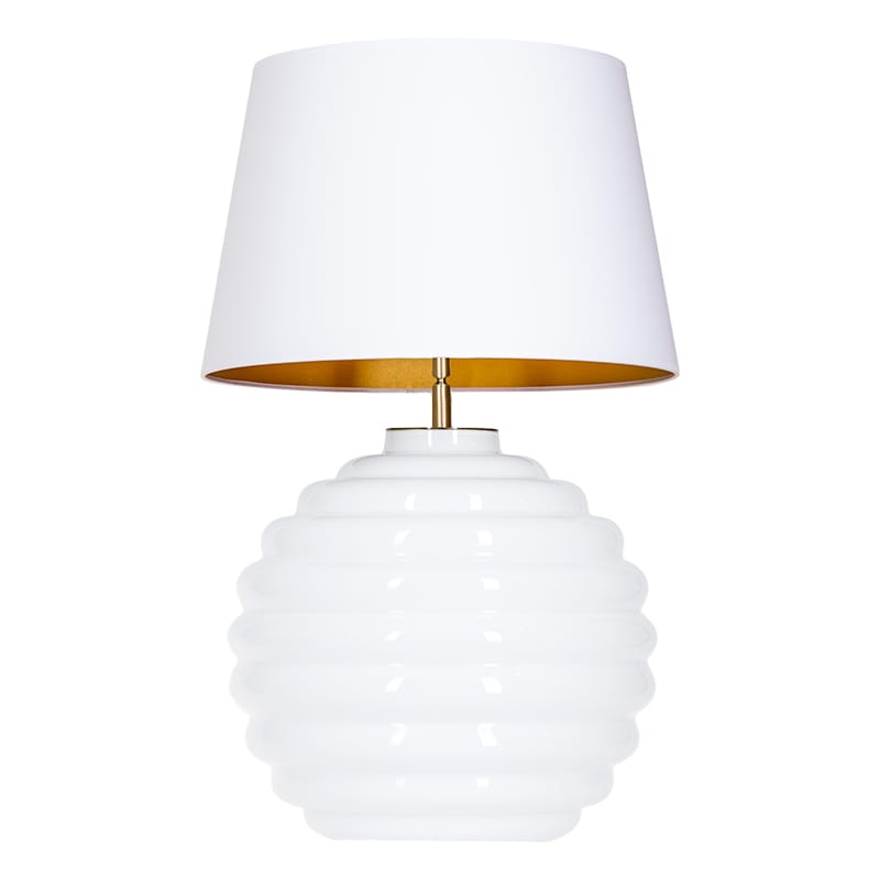 Biała szklana lampa stołowa z biało-złotym abażurem SAINT TROPEZ WHITE.