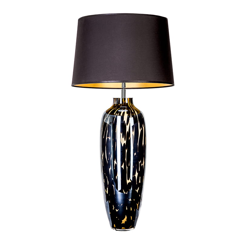 Szklana czarna lampa stołowa MONACO z czarno-złotym abażurem.