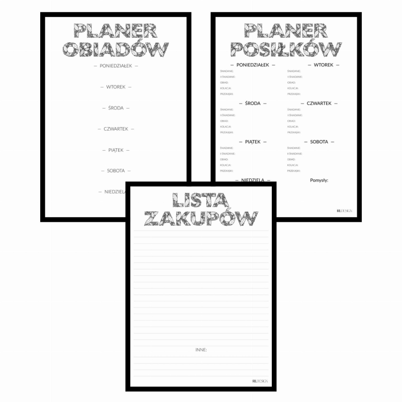 Roślinny zestaw planerów do druku - planer obiadów, planer posiłków, lista zakupów