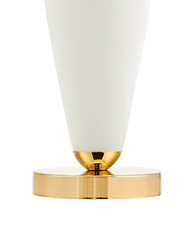 Biało-złota lampa stołowa REA z białym abażurem w kształcie stożka - detal.