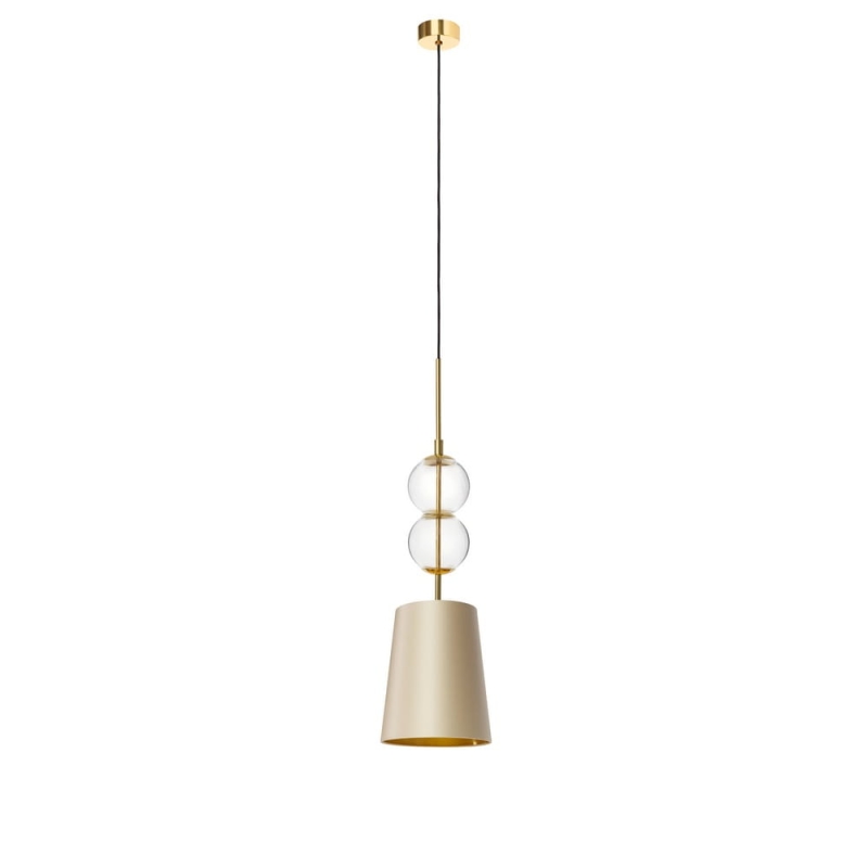 Złota lampa wisząca ze szklanymi elementami i abażurem w kolorze szampańskim Kaspa COCO S.