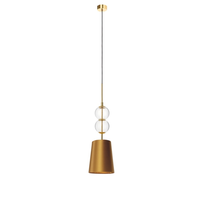 Złota lampa wisząca ze szklanymi elementami i abażurem w kolorze starego złota Kaspa COCO S.