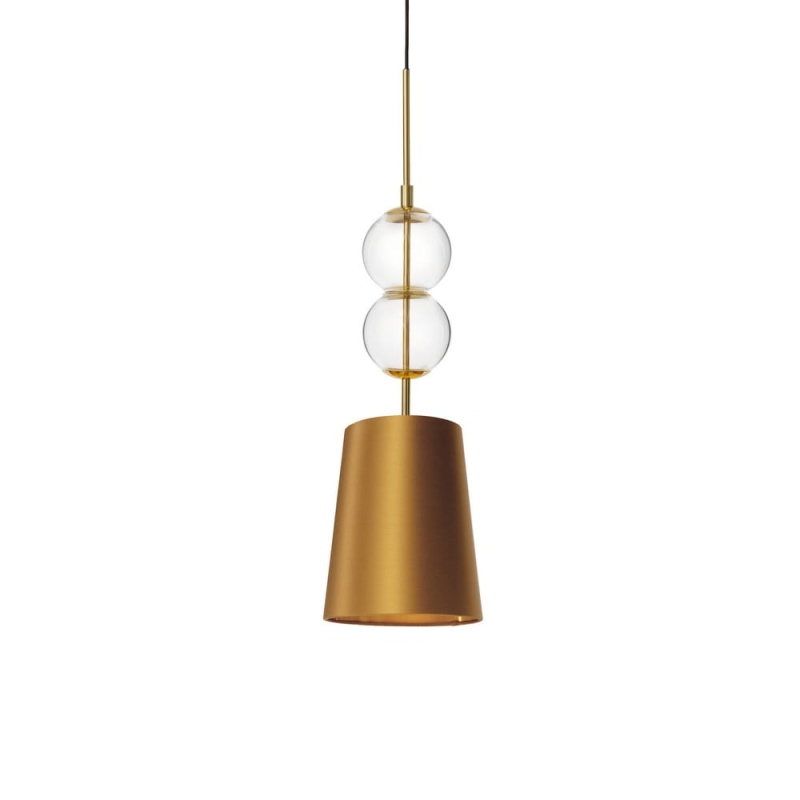 Złota lampa wisząca ze szklanymi elementami i abażurem w kolorze starego złota Kaspa COCO S - detal.