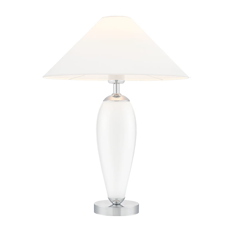 Biało-srebrna lampa stołowa REA z białym abażurem w kształcie stożka.