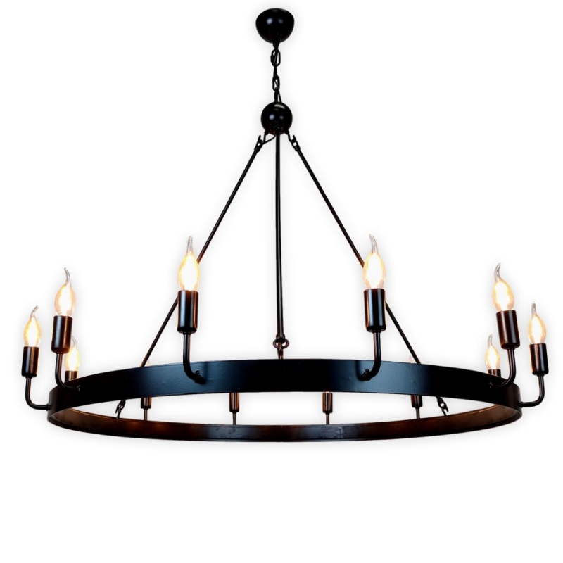 Duży, okrągły żyrandol metalowy czarny z 12 punktami świetlnymi.