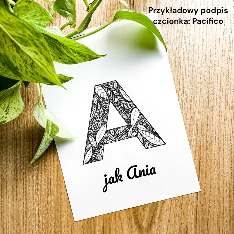 Plakat posiadający motyw roślinny z możliwością personalizacji - litera Ą - przykładowy podpis