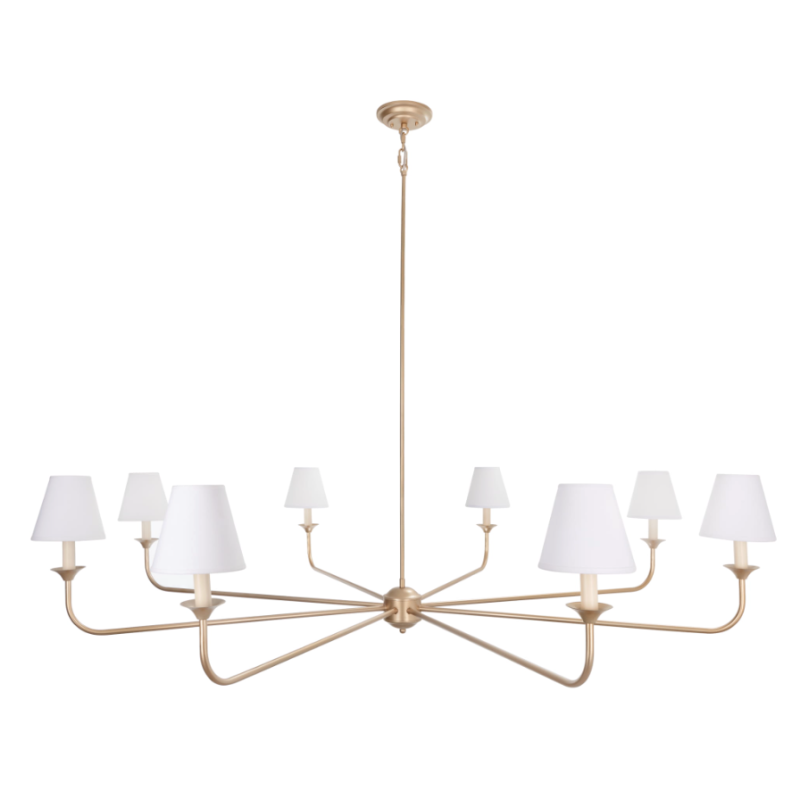 Duży złoty żyrandol z małymi białymi abażurami FARMHOUSE.