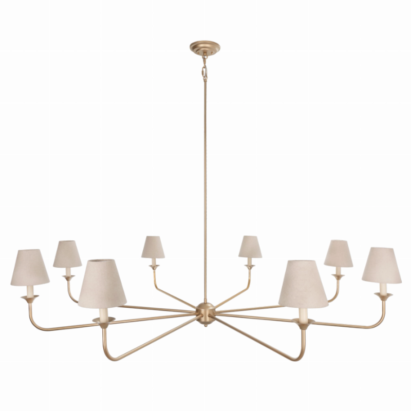 Duży złoty żyrandol z małymi lnianymi abażurami FARMHOUSE.