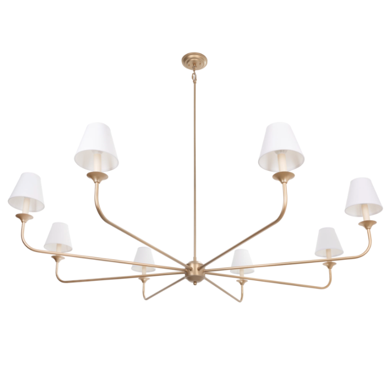 Duży złoty żyrandol z małymi białymi abażurami FARMHOUSE.