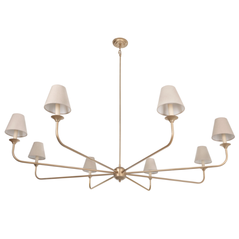 Duży złoty żyrandol z małymi lnianymi abażurami FARMHOUSE.