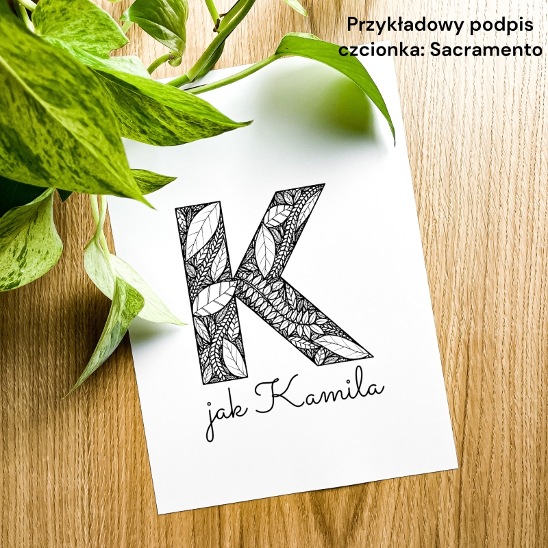 Plakat posiadający motyw roślinny z możliwością personalizacji - litera K - przykładowy podpis