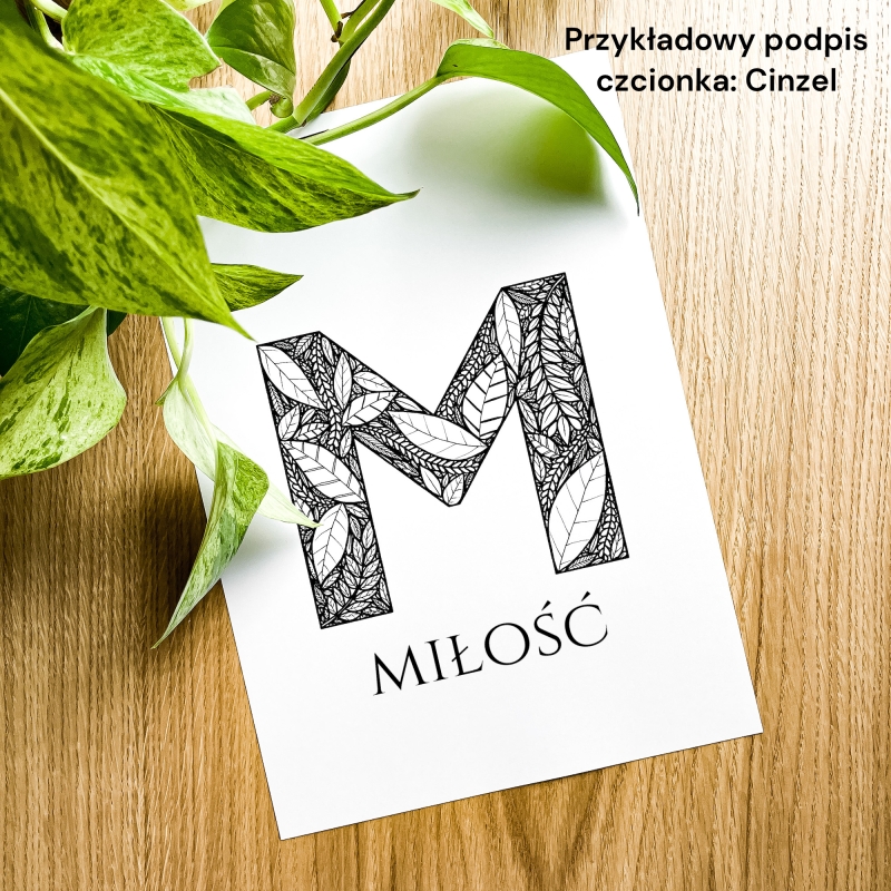 Plakat posiadający motyw roślinny z możliwością personalizacji - litera M - przykładowy podpis