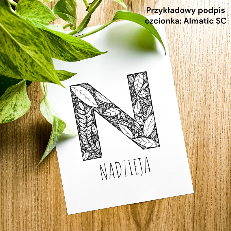 Plakat posiadający motyw roślinny z możliwością personalizacji - litera N - przykładowy podpis