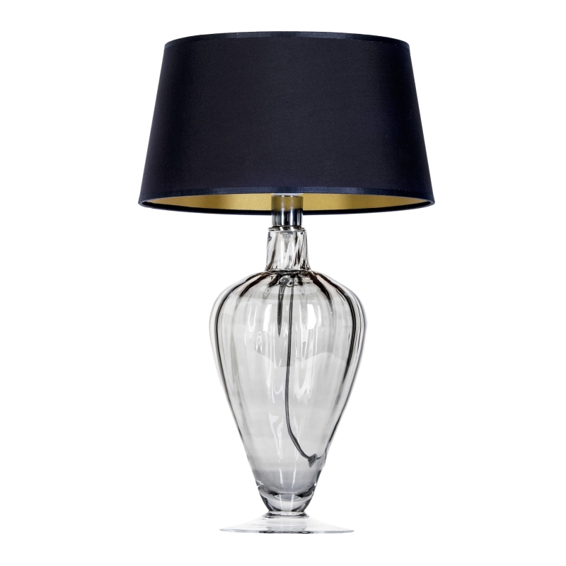 Czarna szklana lampa stołowa BRISTOL TRANSPARENT BLACK z czarno-złotym abażurem.