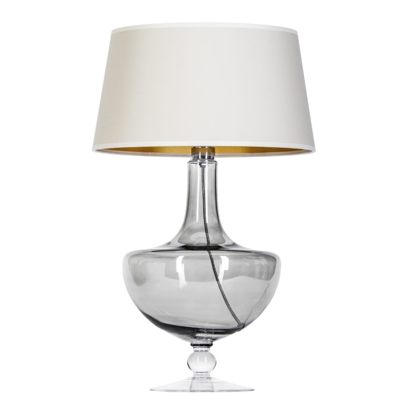 Szklana lampa stołowa OXFORD TRANSPARENT BLACK z beżowo-złotym abażurem.