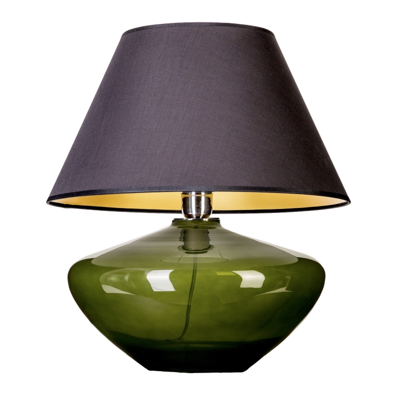 Butelkowozielona szklana lampa z czarno-złotym abażurem MADRID GREEN.