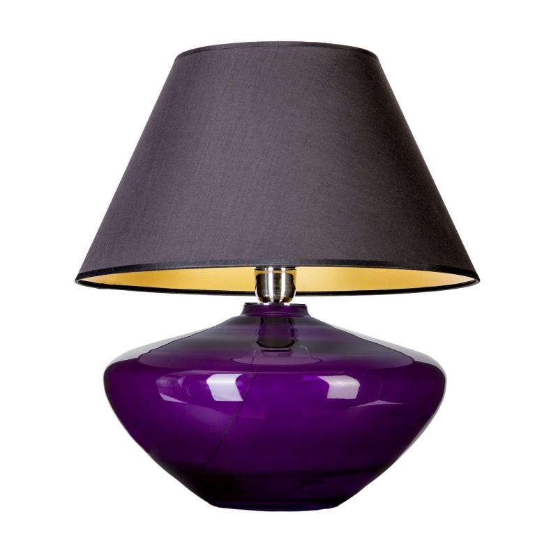 Fioletowa szklana lampa stołowa z czarno-złotym abażurem MADRID VIOLET.