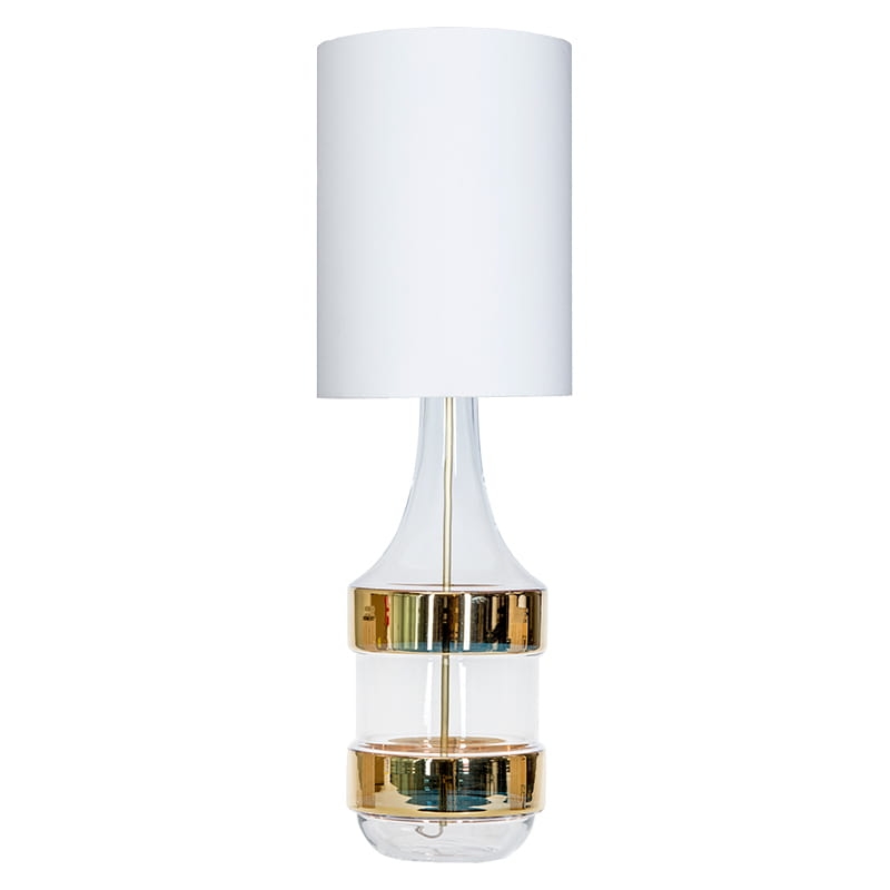 Złota szklana lampa stołowa z białym abażurem BIARITZ GOLD.