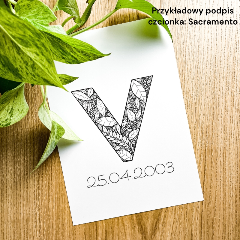 Plakat posiadający motyw roślinny z możliwością personalizacji - litera V - przykładowy podpis