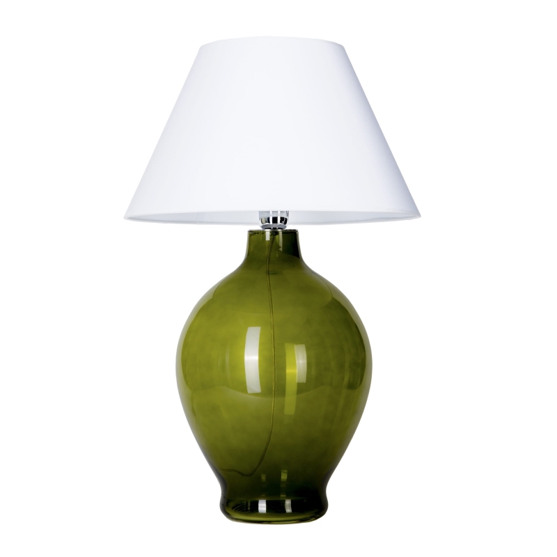 Szklana lampa stołowa w odcieniu butelkowej zieleni z białym abażurem GENOVA.