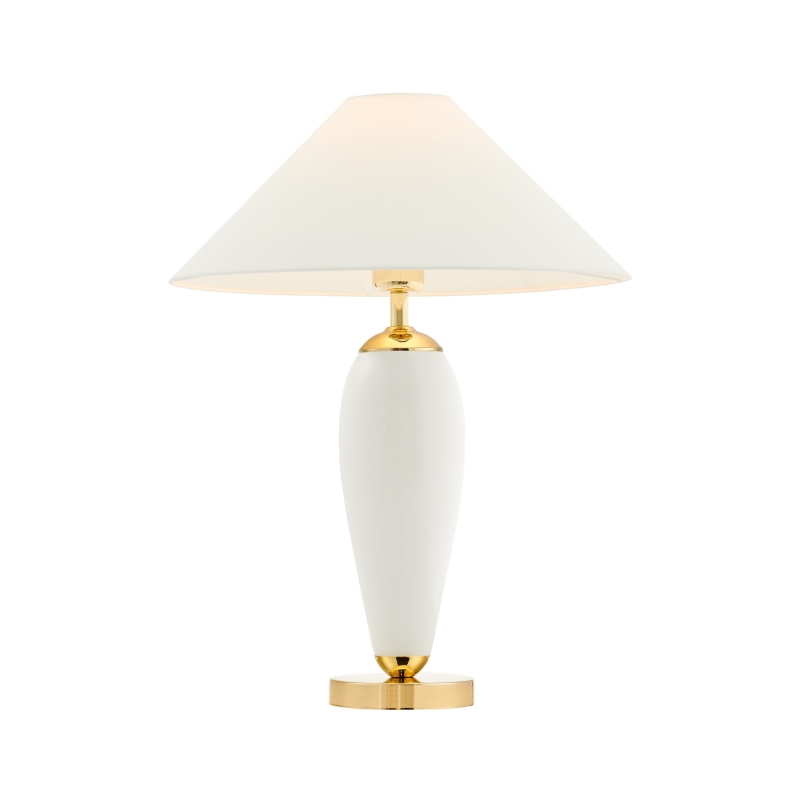Biało-złota lampa stołowa REA z białym abażurem w kształcie stożka.