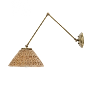 Mosiężny kinkiet postarzany z rattanowym abażurem
