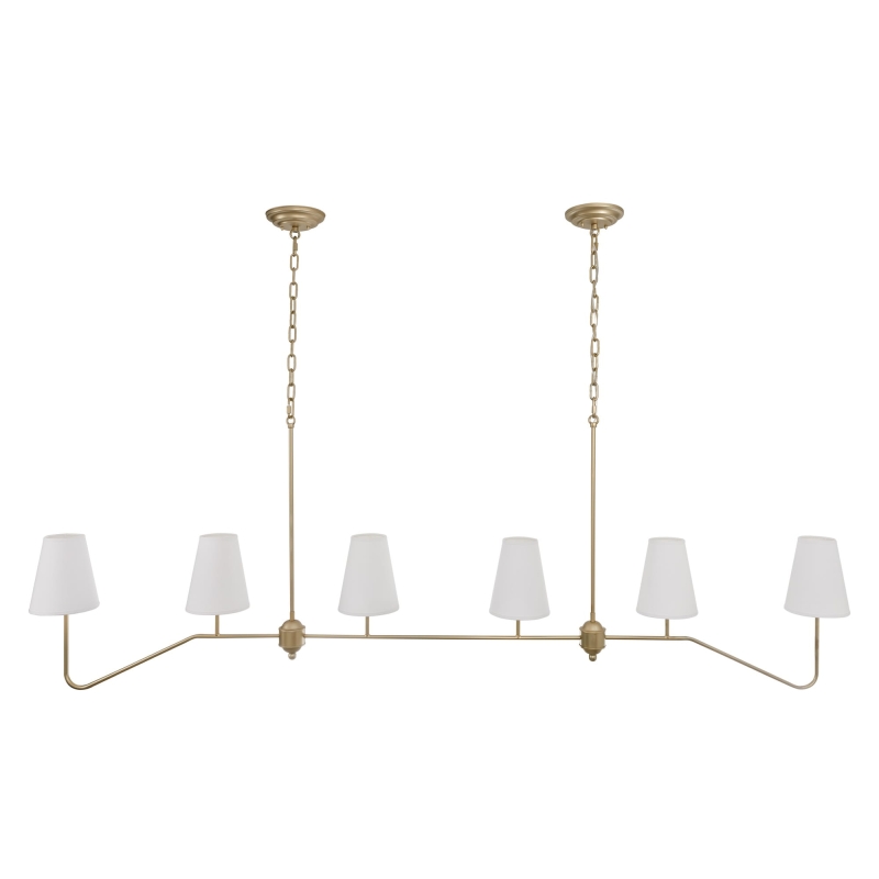 Złoty podłużny żyrandol nad stół SIMPLE XL - białe abażury.