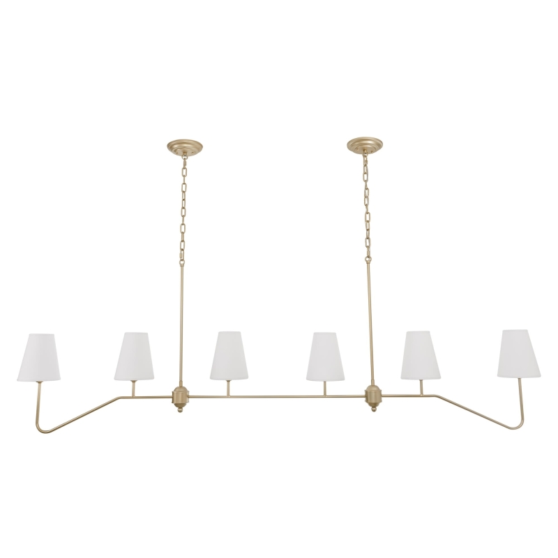 Złoty podłużny żyrandol nad stół SIMPLE XL - białe abażury.