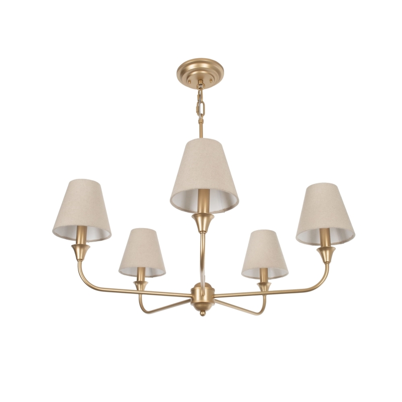 Złoty żyrandol z lnianymi abażurami na żarówkę CHIC S