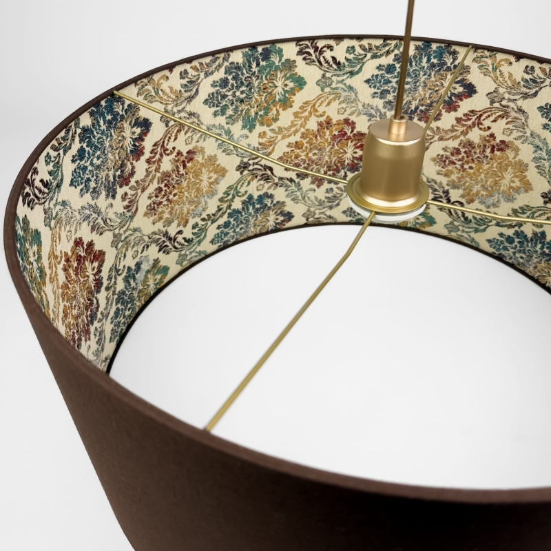 Brązowa lampa wisząca ze wzorzystym abażurem FARMHOUSE I L  - detal