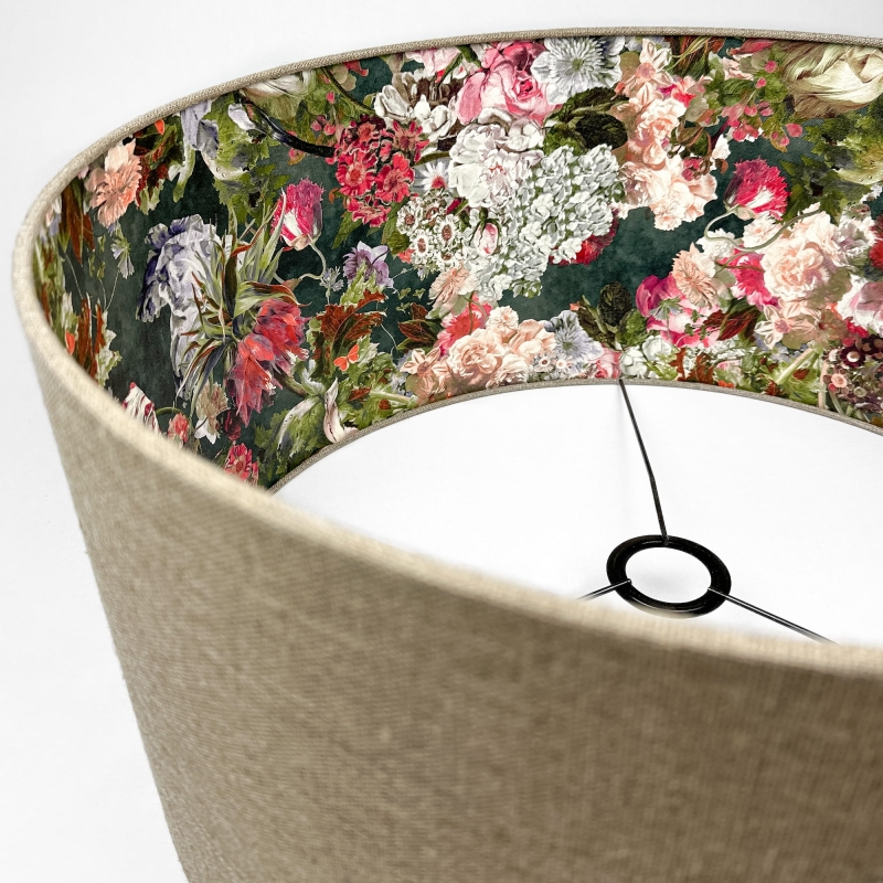 Lniany abażur z kwiatowym wzorem wewnątrz walec 50 cm AURA - detal