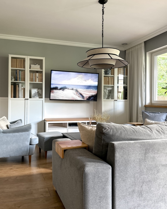 Duża lniana lampa wisząca na łańcuchu ONVI II len - aranżacja