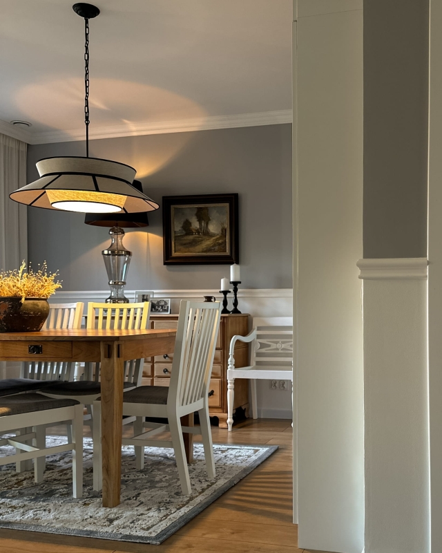 Duża lniana lampa wisząca na łańcuchu ONVI II len - aranżacja