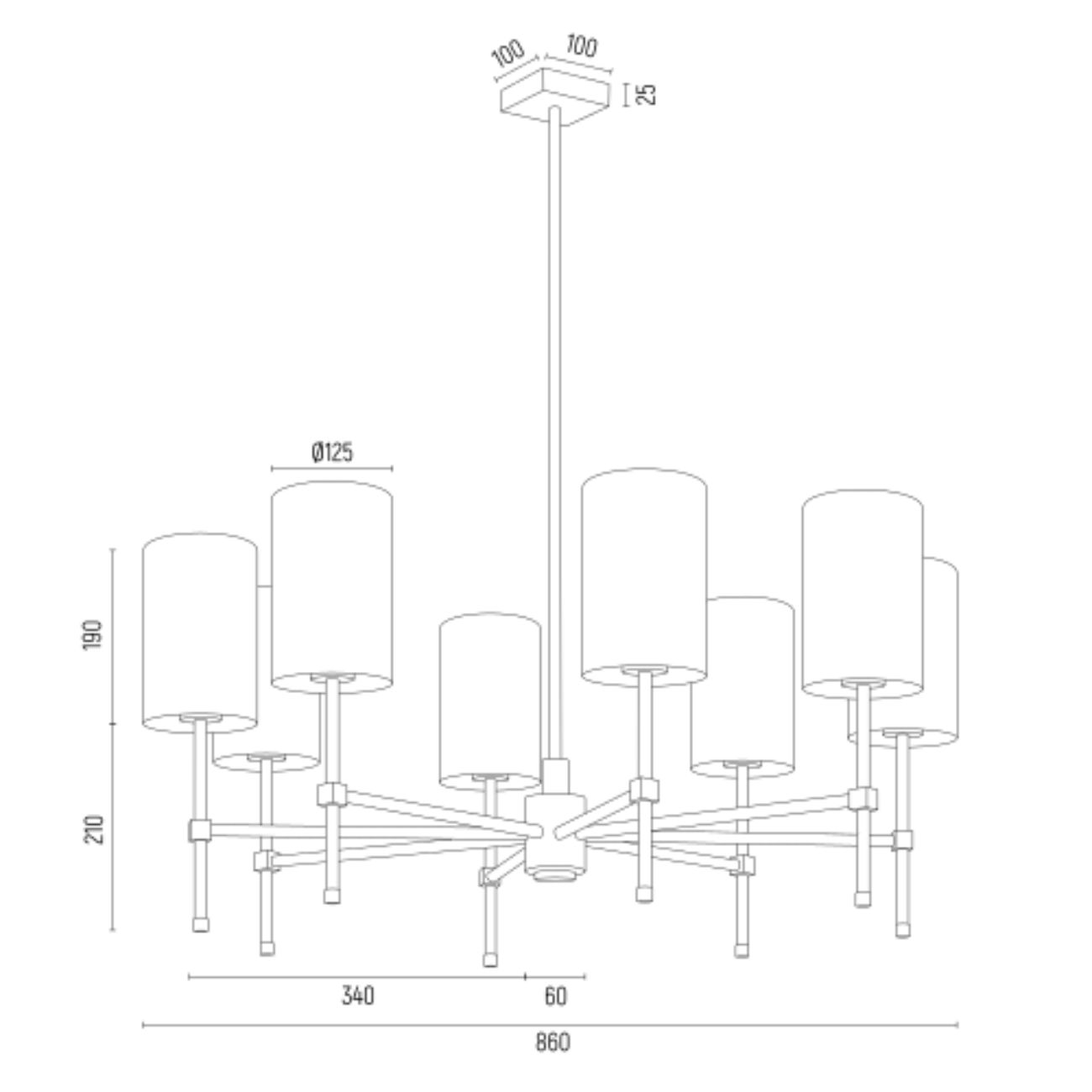 Mosiężny szczotkowany żyrandol ABRUZZO 8 - rysunek techniczny