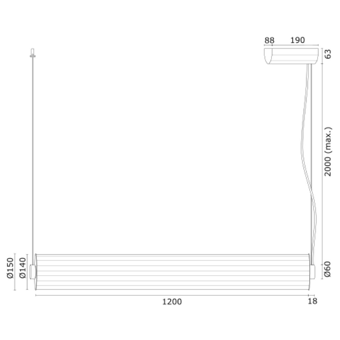 Mosiężna podłużna lampa tuba HAMPTON 120 cm - wymiary