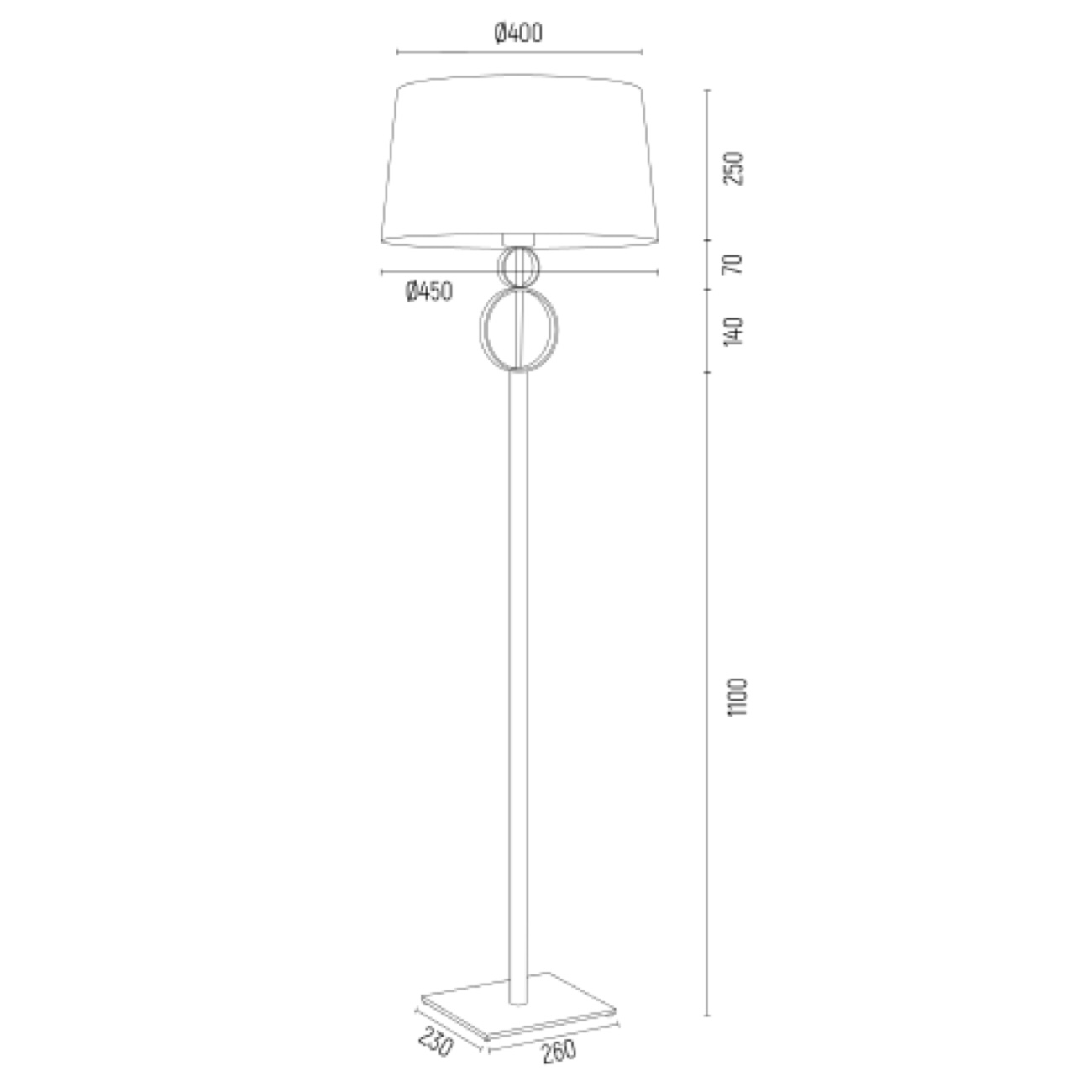 Złota lampa podłogowa PERSEO - wymiary